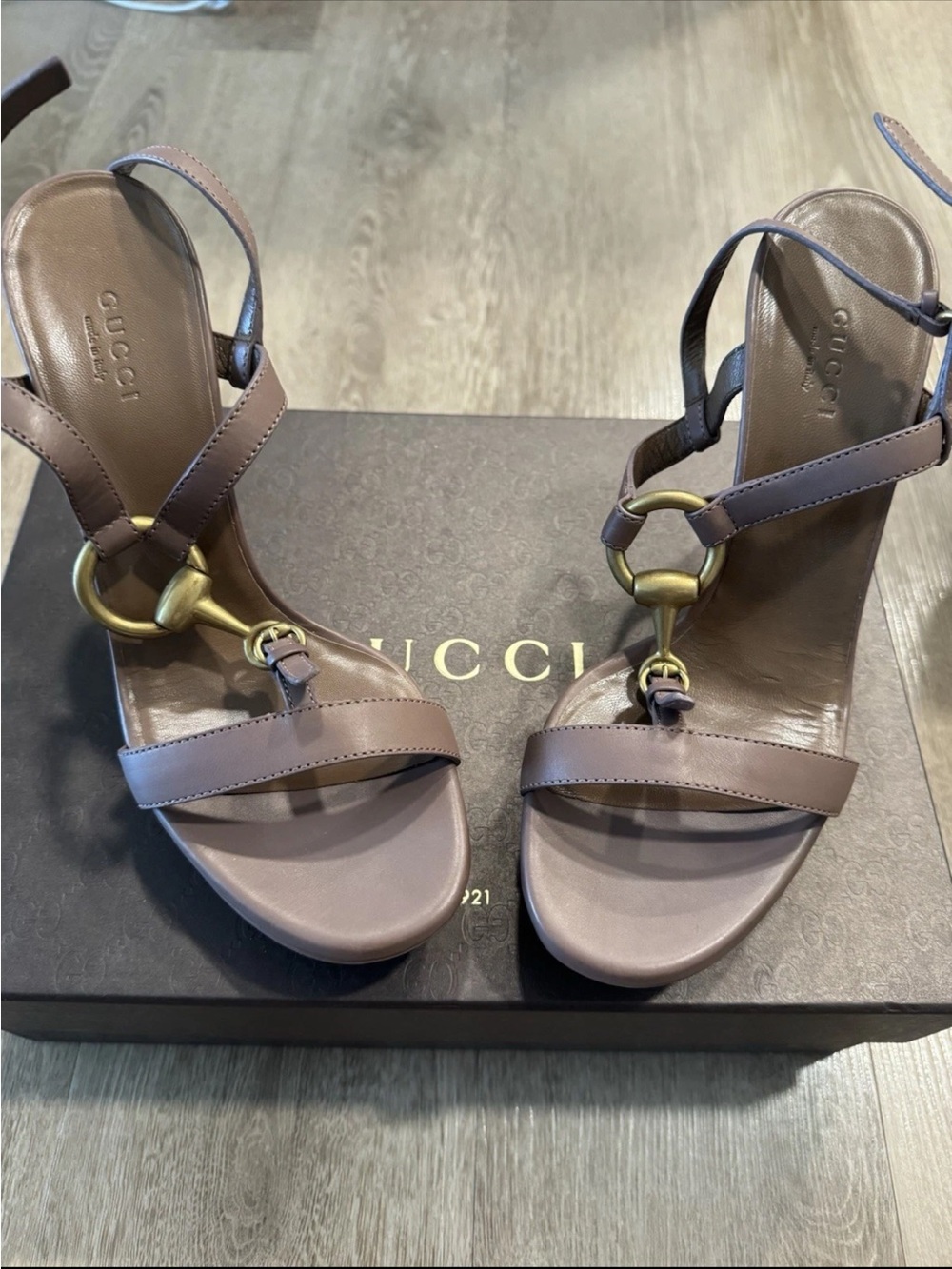 Gucci Taupe Leather Horsebit Strappy Heels